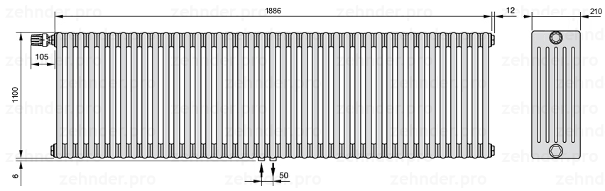 Схема (чертеж) Радиатор Zehnder Charleston 6110/41 №V007 Белый глянцевый RAL 9016